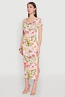 Womens Floral Rib Knit Short Sleeve Midi Dress, Multi, Size L
