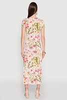 Womens Floral Rib Knit Short Sleeve Midi Dress, Multi, Size L