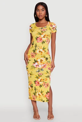 Womens Floral Rib Knit Short Sleeve Midi Dress, Yellow, Size M