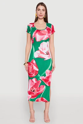 Womens Ribbed Knit Abstract Floral Print Side Slit Dress, Multi, Size S
