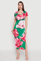 Womens Ribbed Knit Abstract Floral Print Side Slit Dress, Multi, Size S