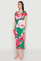 Womens Ribbed Knit Abstract Floral Print Side Slit Dress, Multi, Size S