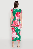 Womens Ribbed Knit Abstract Floral Print Side Slit Dress, Multi, Size S