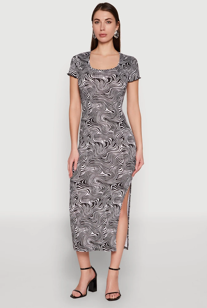 Womens Psychedelic Swirl Print Side Slit Dress, Multi, Size S