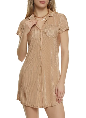 Womens Plisse Short Sleeve Shirt Dress, Beige, Size M