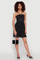 Womens Plisse Keyhole Skater Dress, Black, Size M