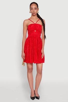 Womens Plisse Keyhole Skater Dress, Red,
