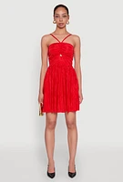 Womens Plisse Keyhole Skater Dress, Red,