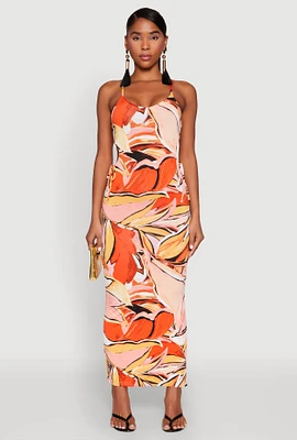 Womens Printed Drawstring Side Cut Out Maxi Dress, Orange, Size M