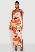 Womens Printed Drawstring Side Cut Out Maxi Dress, Orange, Size M