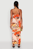 Womens Printed Drawstring Side Cut Out Maxi Dress, Orange, Size M