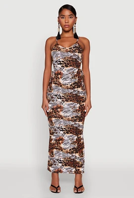 Womens Animal Print Drawstring Side Cut Out Maxi Dress, Multi, Size M