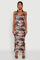 Womens Animal Print Drawstring Side Cut Out Maxi Dress, Multi, Size M
