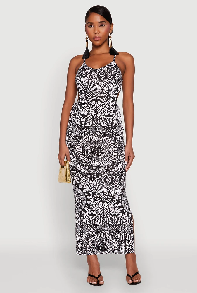 Womens Printed Drawstring Keyhole Side Maxi Dress, Multi, Size L