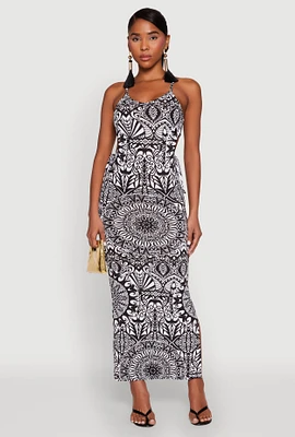 Womens Printed Drawstring Keyhole Side Maxi Dress, Multi, Size L