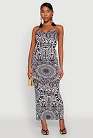 Womens Printed Drawstring Keyhole Side Maxi Dress, Multi, Size L