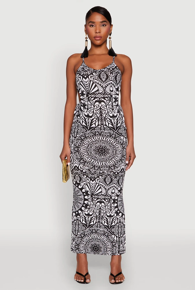 Womens Printed Drawstring Keyhole Side Maxi Dress, Multi, Size L