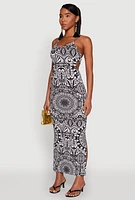 Womens Printed Drawstring Keyhole Side Maxi Dress, Multi, Size L
