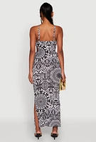 Womens Printed Drawstring Keyhole Side Maxi Dress, Multi, Size L