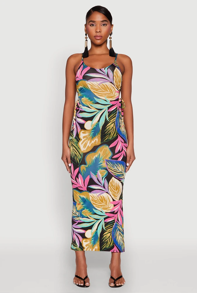 Womens Leaf Print Drawstring Side Cut Out Maxi Dress, Multi, Size L