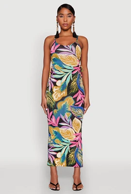 Womens Leaf Print Drawstring Side Cut Out Maxi Dress, Multi, Size L