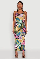 Womens Leaf Print Drawstring Side Cut Out Maxi Dress, Multi, Size L