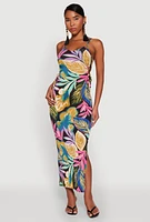 Womens Leaf Print Drawstring Side Cut Out Maxi Dress, Multi, Size L