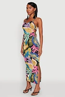 Womens Leaf Print Drawstring Side Cut Out Maxi Dress, Multi, Size L