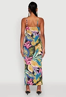 Womens Leaf Print Drawstring Side Cut Out Maxi Dress, Multi, Size L