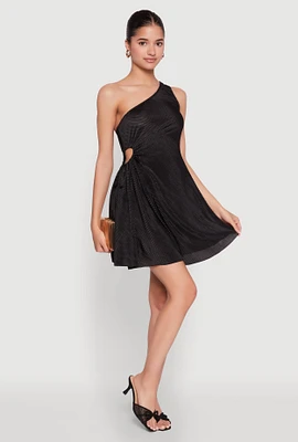 Womens Plisse One Shoulder Drawstring Keyhole Mini Dress,