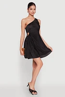 Womens Plisse One Shoulder Drawstring Keyhole Mini Dress,