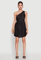 Womens Plisse One Shoulder Drawstring Keyhole Mini Dress,