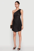 Womens Plisse One Shoulder Drawstring Keyhole Mini Dress,