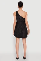 Womens Plisse One Shoulder Drawstring Keyhole Mini Dress,
