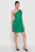 Womens Plisse One Shoulder Drawstring Keyhole Mini Dress, Green, Size L