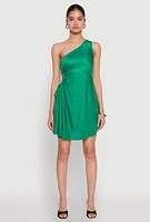 Womens Plisse One Shoulder Drawstring Keyhole Mini Dress, Green, Size L