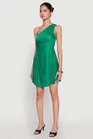 Womens Plisse One Shoulder Drawstring Keyhole Mini Dress, Green, Size L