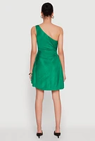 Womens Plisse One Shoulder Drawstring Keyhole Mini Dress, Green, Size L