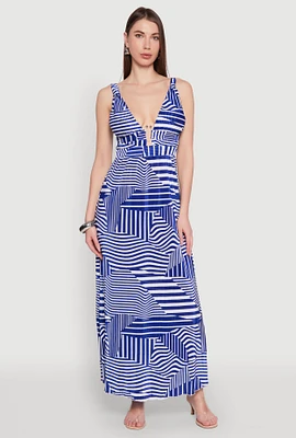 Womens Plisse Abstract Stripe Plunge Metallic Detail Maxi Dress, Blue, Size M