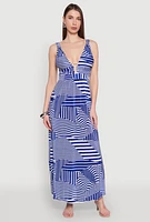 Womens Plisse Abstract Stripe Plunge Metallic Detail Maxi Dress, Blue, Size M