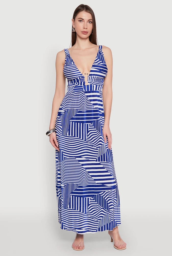 Womens Plisse Abstract Stripe Plunge Metallic Detail Maxi Dress, Blue, Size S