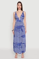 Womens Plisse Abstract Stripe Plunge Metallic Detail Maxi Dress, Blue, Size M