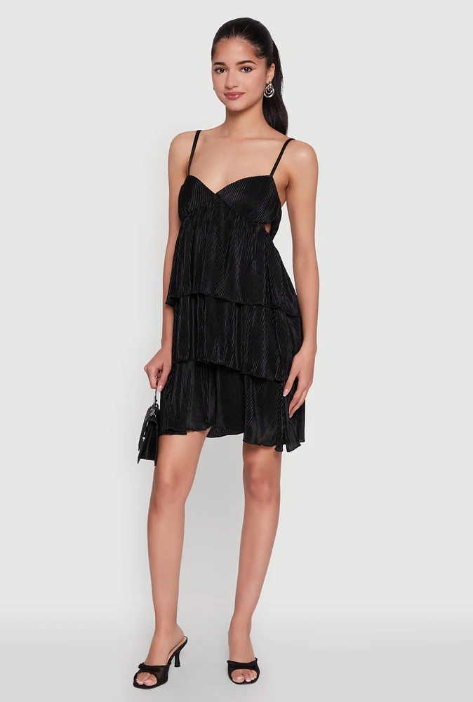 Womens Plisse Cut Out Tiered Ruffle Mini Dress, Black, Size L