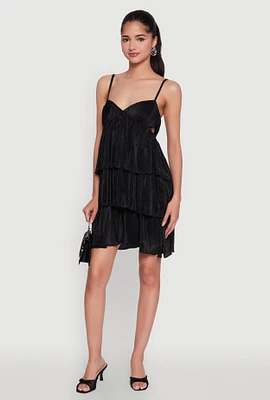 Womens Plisse Cut Out Tiered Ruffle Mini Dress,