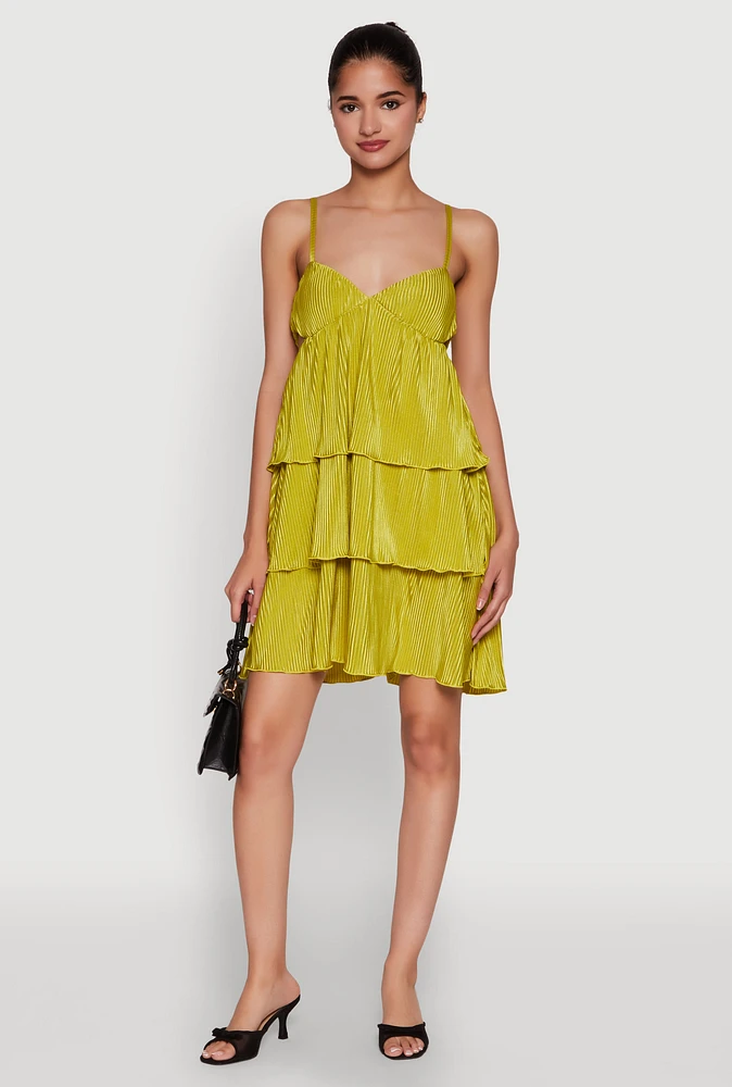 Womens Plisse Cut Out Tiered Ruffle Mini Dress,