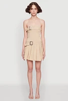 Womens Strapless Double Belted Pleated Skater Dress, Beige, Size XL
