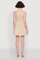 Womens Strapless Double Belted Pleated Skater Dress, Beige, Size XL