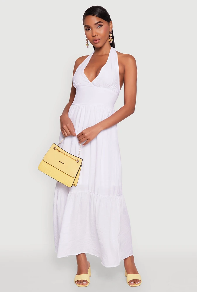 Womens Elegant Gauze Knit Halter Neck Tiered Dress, White, Size S