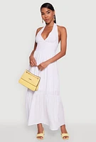 Womens Elegant Gauze Knit Halter Neck Tiered Dress, White, Size S