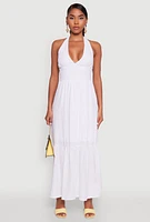 Womens Elegant Gauze Knit Halter Neck Tiered Dress, White, Size S